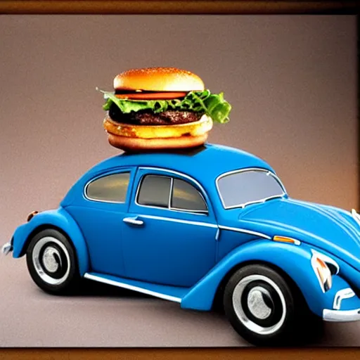 Prompt: a blue beetle car with burgers for wheels m - w 7 6 8