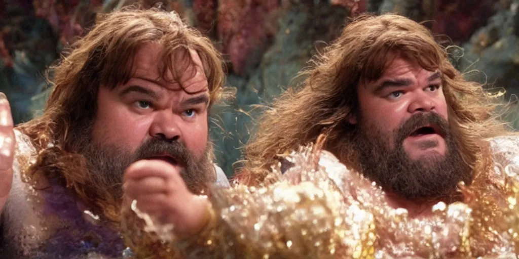 Prompt: a film still of Jack Black in little mermaid, high quality