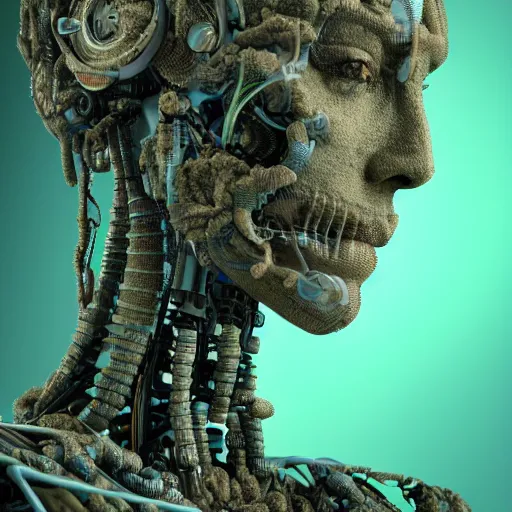 Image similar to an amazing deep portrait of a robot made of marijuana, intricate detail, volumetric lighting, 8 k, photorealistic, digital art trending on artstation