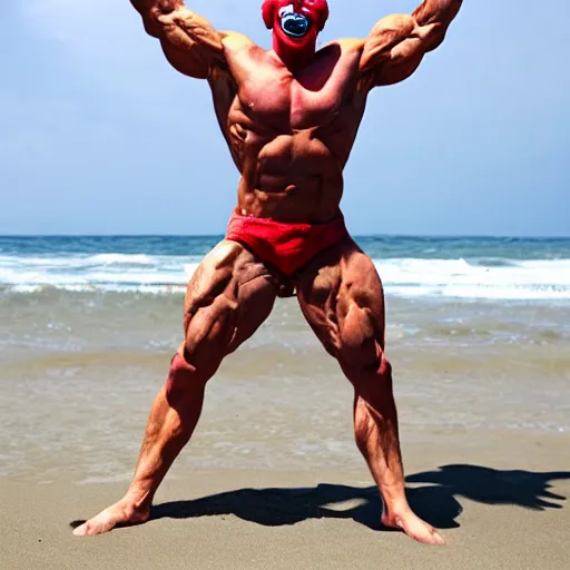 Prompt: muscular clown flexing at the beach