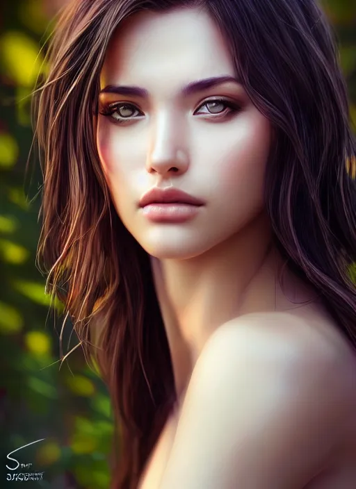 Image similar to photo of a gorgeous female in the style of stefan kostic, realistic, half body shot, sharp focus, 8 k high definition, insanely detailed, intricate, elegant, art by stanley lau and artgerm, extreme bokeh foliage