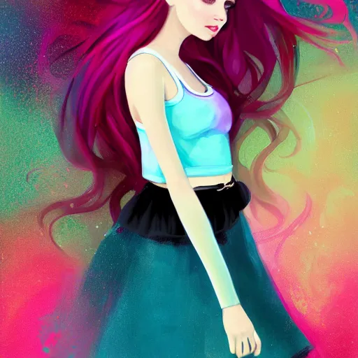 Image similar to colorful and festive captivating teenager girl with pink hair, cyan top crop, black skirt, black leggings, cute look. rich vivid colors, ambient lighting, dynamic lighting, 4 k, atmospheric lighting, painted, intricate, highly detailed by charlie bowater