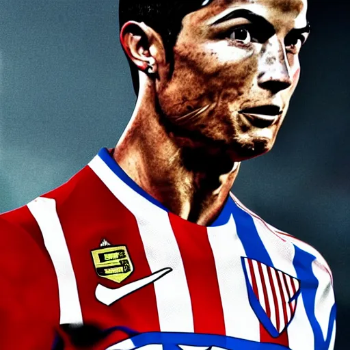 Image similar to cristiano ronaldo dressed with the atletico de madrid football team shirt, 4 k extremely photorealistic, high contrast colors, hyper detailed!!