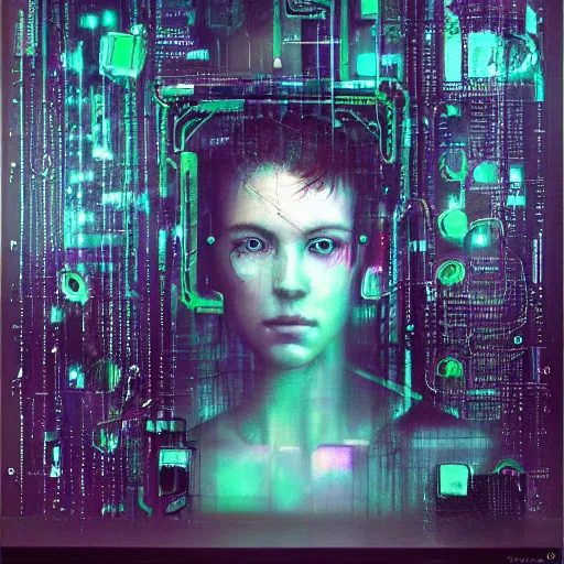 Prompt: female cyberpunk portrait by cy Twombly and BASTIEN LECOUFFE DEHARME, circuit boards, led display, iridescent fractal, high tech