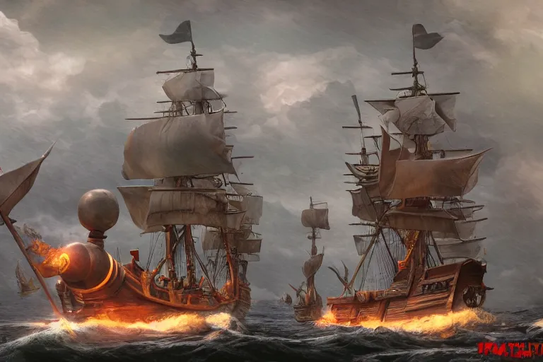 Image similar to epic pirate ship cannon battle in a storm, in the style of vernon grant and chris van allsburg, trending on artstation, bright tilt - shift camcorder effect, photoshop, retrowave, hyperrealism, octane, sharp focus, masterpiece