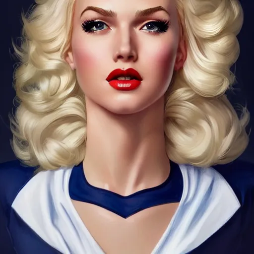 Prompt: a beautiful pin - up portrait of a beautiful cute superhero woman, blonde hair, matte navy - blue bodysuit, white cape, intricate, elegant, 8 k, highly detailed, digital painting, concept art, smooth, sharp focus, illustration, by norman rockwell and artgerm and loish and wlop