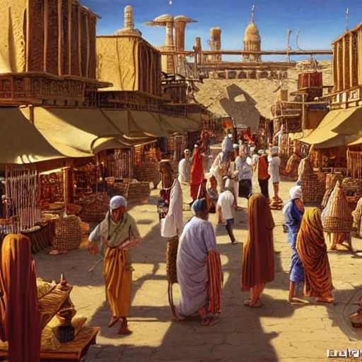 Image similar to a busy bazaar in ancient babylon on a sunny day, camels, merchants, high detail, painting by ted nasmith and larry elmore