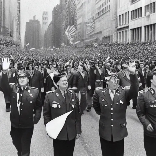 Prompt: Communis States of America, alternate history, Comrade Ronald Reagan, Premier Reagan, USSA, 1987, communist America, military parade, 5th Avenue parade