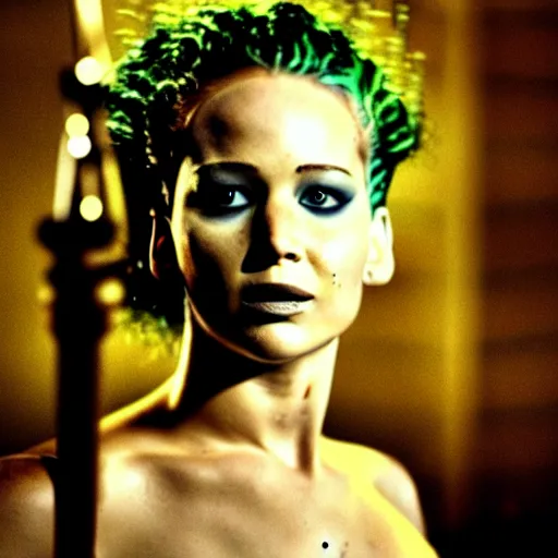 Image similar to jennifer lawrence as the bride of frankenstein, color photography, sharp detail, confused, still from the movie underworld