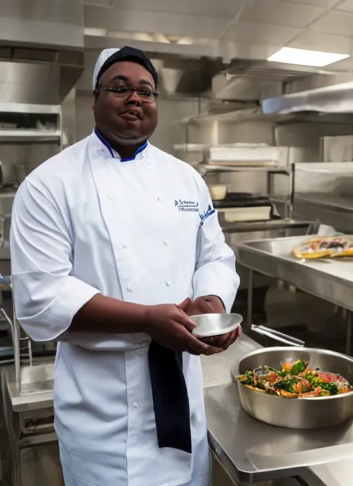 Prompt: portrait photo still of real life school chef jerome mcelroy fat with chef hat in school cafeteria holding a ladel, 8 k, 8 5 mm, f. 1 4