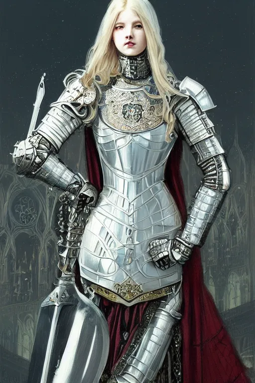 Prompt: beautiful luxury and victorian and elite and holy young female medieval white armor knight portrait like lisa blackpink+shinny eyes+front face with light flowing hair, ultradetail face, gothic cathedral, art and illustration by tian zi and craig mullins and WLOP and alphonse mucha, ssci-fi, fantasy, intricate complexity, human structure, hypermaximalist, fantasy character concept, dynamic lighting, neon light, watermark, blurry, hyperrealism 8k