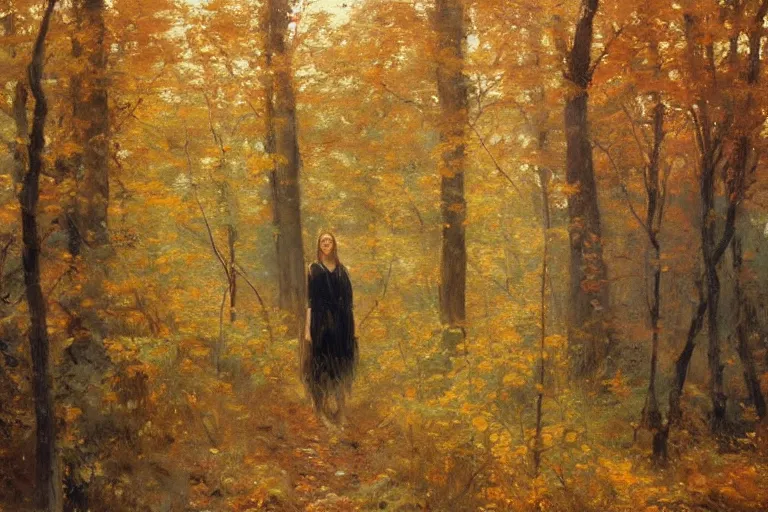 Prompt: how i wish i could see the autumn, when the leaves start to turn to the color of your hair, oil on canvas, portrait of a beautiful woman with long wavy hair colored autumn leaves, in a forest in autumn, by jeremy lipking, john singer sargent