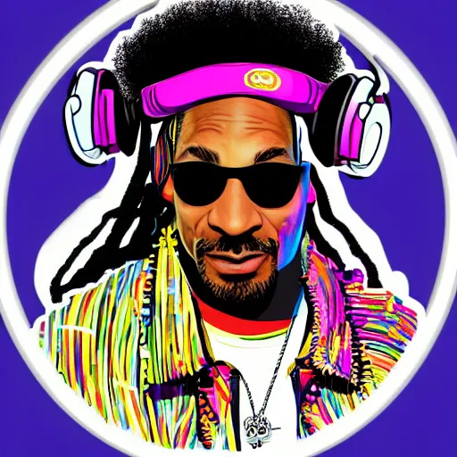 Prompt: svg sticker of a Dancing-Ben-Harper-Snoop-Spike-Lee-with-a-large-Afro-Puff, at a rave, spinning records, giant headphones rocking out, wearing headphones, huge speakers, dancing, rave, DJ, spinning records, digital art, amazing composition, rule-of-thirds, award-winning, trending on artstation, featured on deviantart