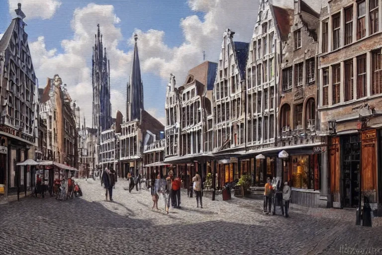 Image similar to street view of gent belgium, hyperrealism painting, wide angle, very detailed, high resolution