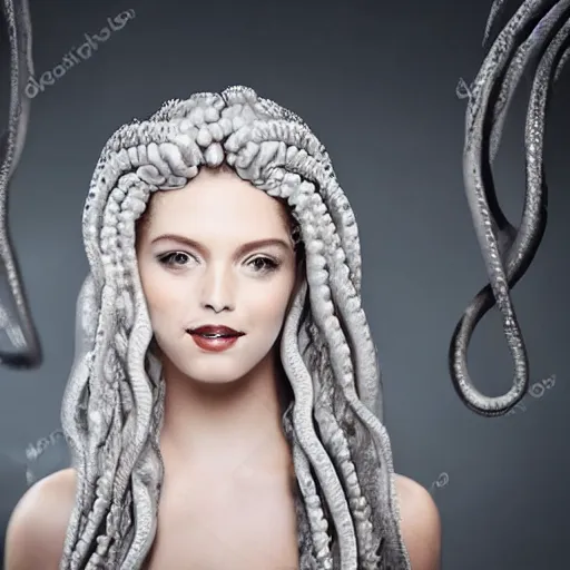 Image similar to beautiful pale smooth medusa with white silver snakes coming from her head