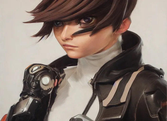 Image similar to a highly detailed beautiful portrait of tracer from overwatch as 2 b nier automata wearing a leather jacket, by gregory manchess, james gurney, james jean