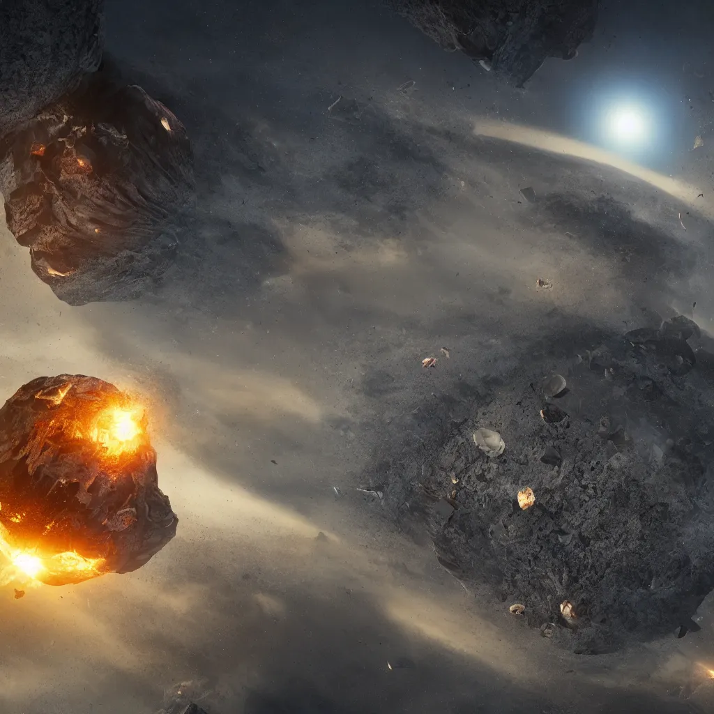 Image similar to An incredibly beautiful but ominous matte painting depicting meteorites destroying a planet, nvidia, vray, evening, epic scale, octanerender