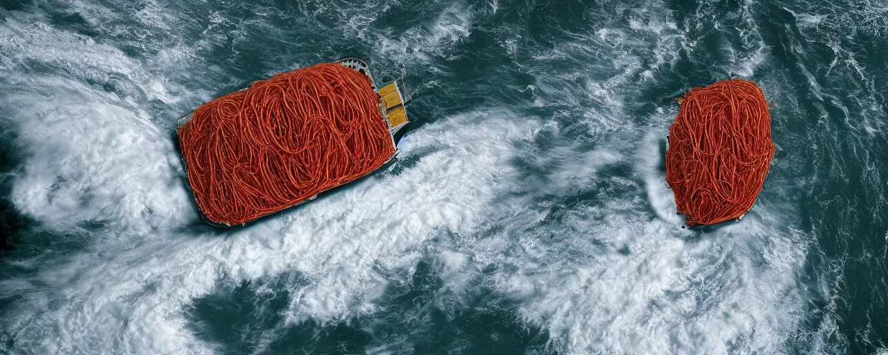 Prompt: an overhead image of a cargo ship transporting mounds of spaghetti, in the middle a hurricane,, canon 5 0 mm, cinematic lighting, photography, retro, film, kodachrome