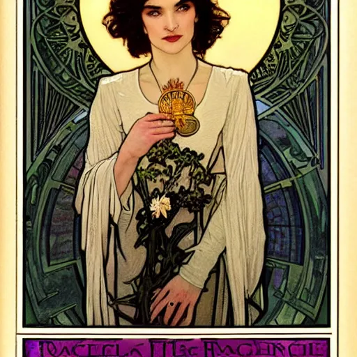 Image similar to rachel weisz portrait by louis - theophile hingre and alphonse mucha, realistic, sharp focus, zodiac signs, tarot cards, planets, ethereal, art nouveau, magic, moon, sun, crown, dreamy, royal, jewellery