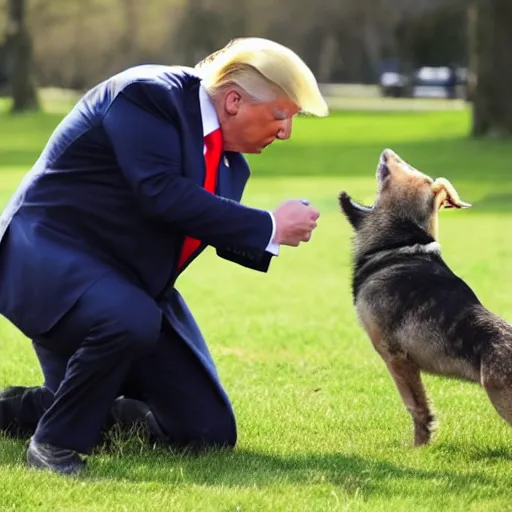 Image similar to Detailed photo of Donald Trump getting bitten by a Dog in the park.