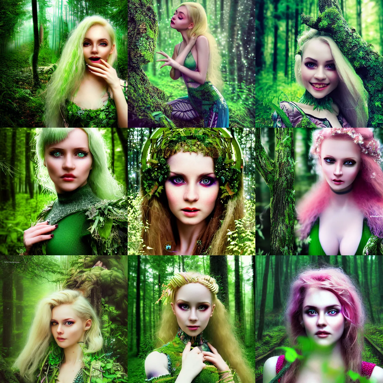 Prompt: beautiful ultra realistic extreme closeup forest scene, 1990s frontiers in human vaporwave fashion magazine September retrofuturism Agnieszka Lorek edition, highly detailed, extreme closeup portrait, tilt shift background, three point perspective, focus on feminine model;blonde hair;green eyes;gardener;laughing;pointè pose, soft lighting