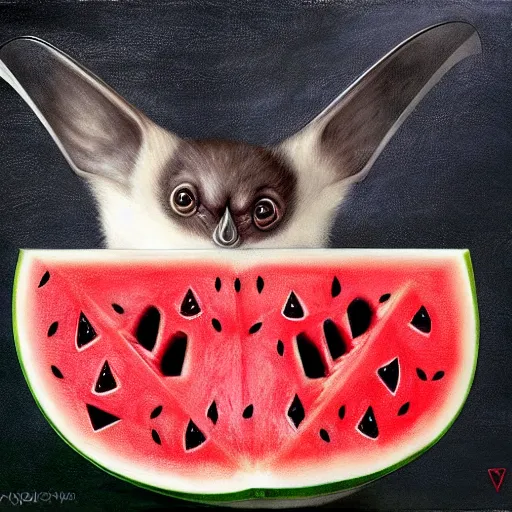 Image similar to cute realistic bat sits and eats a triangle slice of watermelon, highly detailed, sharp focus, digital painting, artwork by Victor Adame Minguez + Sandro Botticelli