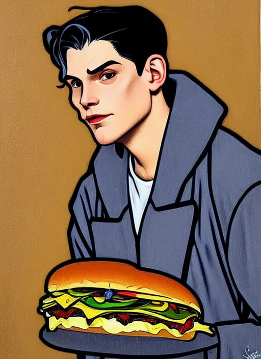 Image similar to oil painting, jughead jones has a really long nose, he wears a light grey crown, and devours a hamburger, intricate, elegant, highly detailed, lighting, painting, artstation, smooth, illustration, art by greg rutowski and alphonse mucha