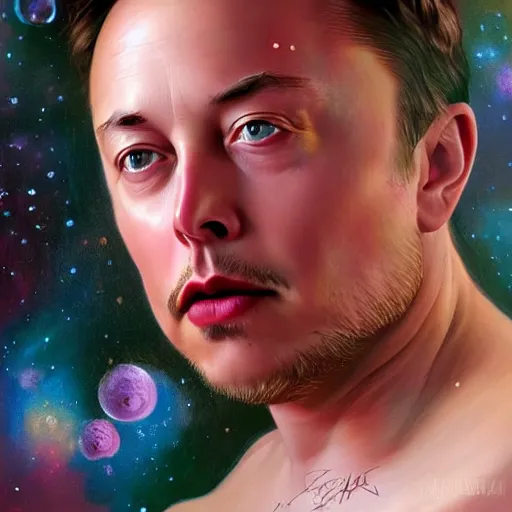 Image similar to dream portrait of Elon Musk, dreamy and ethereal, expressive pose, big pink eyes, exciting expression, fantasy, intricate, elegant, many rainbow bubbles, rose tones, highly detailed, digital painting, artstation, concept art,cyberpunk wearing, smooth, sharp focus, illustration, art by artgerm and greg rutkowskiand alphonse mucha,Salvador Dali.