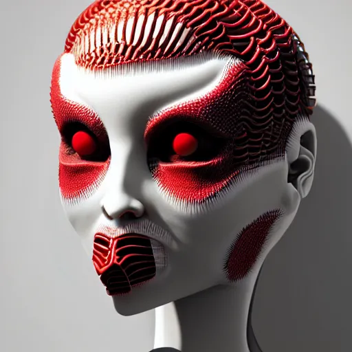 Prompt: rendu 3d complexe ultra détaillé d'un diable rouge en porcelaine, cyborg biomécanique, analogique, objectif 150 mm, belle lumière douce naturelle, grandes feuilles et tiges, racines, fine dentelle de feuillage, détails dichroïstiques, bleus, rouges, massai guerrier, Alexander Mcqueen haute couture haute couture, boucle d'oreille perle, mode art nouveau brodé, steampunk, détails complexes, fil de maille, fractale de mandelbrot, anatomique, muscles faciaux, fils de câble, micropuce, élégant, hyper réaliste, ultra détaillé, rendu octane, H.R. Style Giger, éclairage volumétrique, post-production 8k