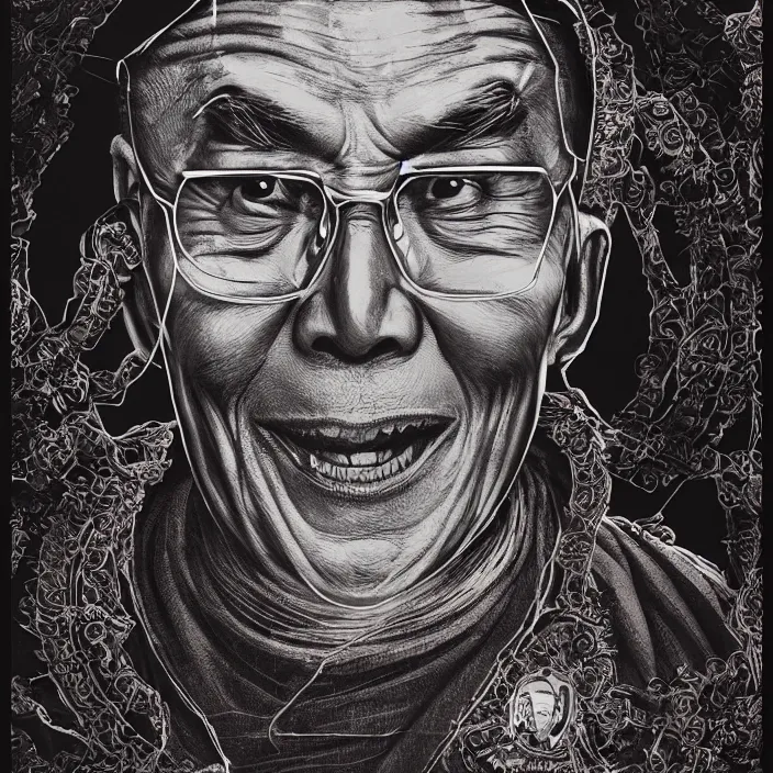 Prompt: portrait of Dalai Lama as skeleton. intricate abstract. intricate artwork. nightmare fuel. by Tooth Wu, wlop, beeple, dan mumford. octane render, trending on artstation, greg rutkowski very coherent symmetrical artwork. cinematic, hyper realism, high detail, octane render, 8k, iridescent accents