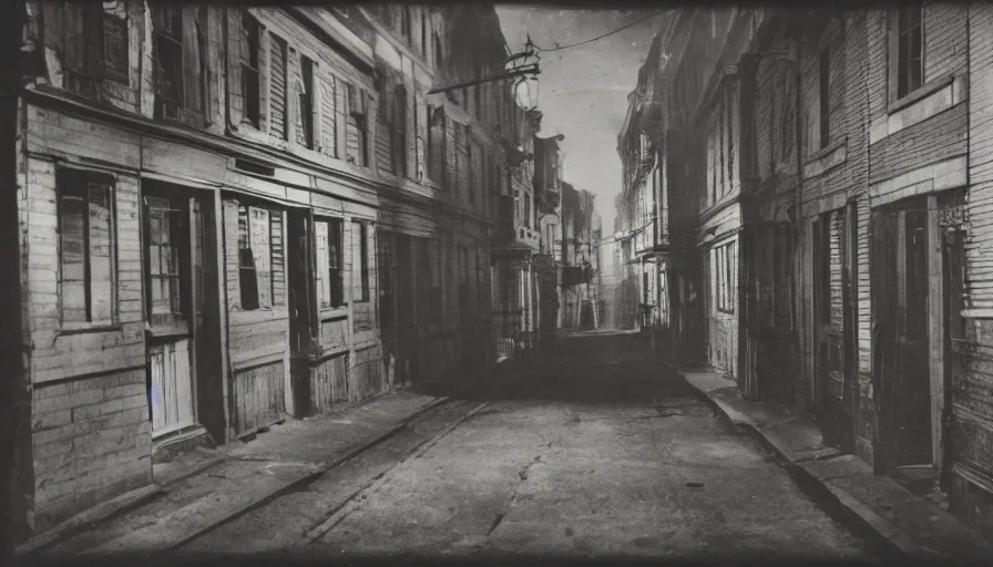 Image similar to photo of 19th century dark noir streets of Arkham by Diane Arbus and Louis Daguerre