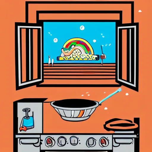 Prompt: an illustration of a delicious 🌈 dinosaur barbecuing waffles, chewing gum window drapes, outside is the noir future, 1 6 : 9, screen print illustration