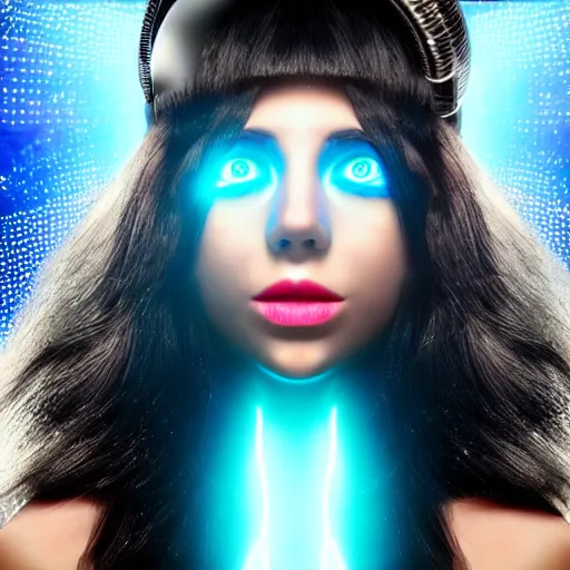 Image similar to electronic robot girl with glowing fiber optic hair and luminous eyes containing galaxies