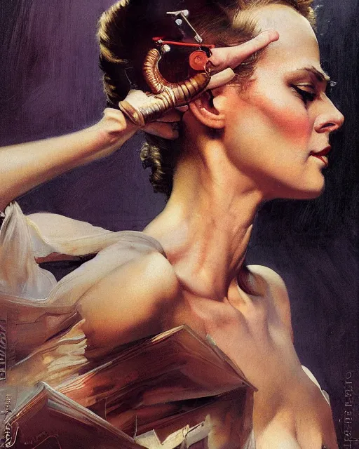 Prompt: head and upper body portrait of elegant striking mature space woman by norman rockwell, roberto ferri, daniel gerhartz, edd cartier, jack kirby, howard v brown, ruan jia, tom lovell, frank r paul, dean cornwell, astounding stories, amazing, fantasy, other worlds