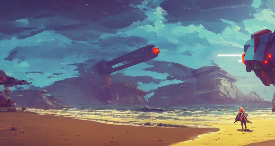 Image similar to A serene coast with a GIANT MECHA GUNDAM bright sunny waves splashing on the beach, rendered by simon stålenhag, rendered by Beeple, Makoto Shinkai, syd meade, environment concept, digital art, Gundam style, starwars, unreal engine, 3 point perspective, WLOP, trending on artstation, low level, 4K UHD image, octane render,