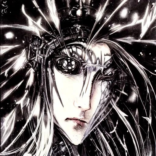 Image similar to Yoshitaka Amano blurred and dreamy illustration of an anime girl with wavy white hair and cracks on her face wearing Elden ring armour with the cape fluttering in the wind, abstract black and white patterns on the background, noisy film grain effect, highly detailed, Renaissance oil painting, weird portrait angle