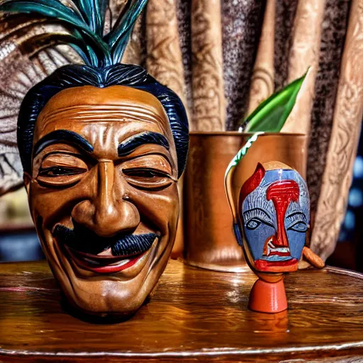 Image similar to a closeup photorealistic photograph of smiling salvador dali at trader vic's bar sitting next to a trader vic's style tiki mug featuring the face of salvador dali. tiki culture. bright scene. 4 k hd image that's trending on artstation, featured on behance, well rendered, extra crisp, features epic composition and the style of unreal engine.