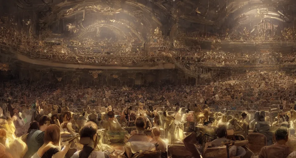 Prompt: craig mullins and ghibli digital art of inside the grand theater, a large audience, on the stage, masked female violinists, exotic costumes, gold jewelry, black hair, solo performance unreal engine, hyper realism, realistic shading, cinematic composition, realistic render, octane render, detailed textures, photorealistic, wide shot