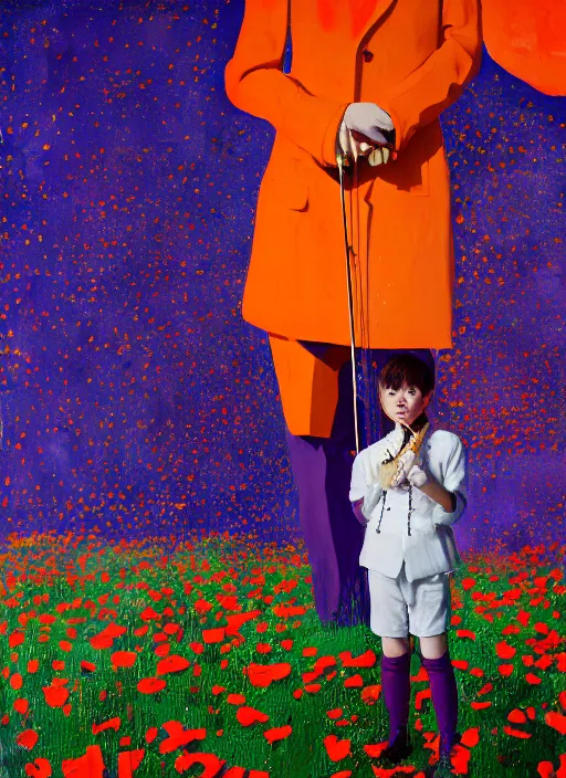 Image similar to portrait of a child violinist in suit standing in a landscape of poppies and purple stars in the sky, vincent lefevre and hernan bas and pat steir and hilma af klint, symmetrical face, psychological, photorealistic, dripping paint, washy brush, rendered in octane, altermodern, masterpiece