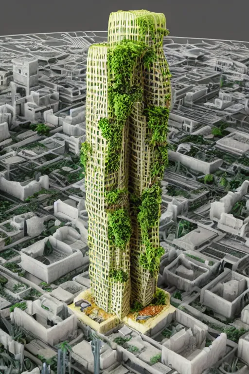 Image similar to 3 d printed physical model that is organic flowy including more than one city into one vertical building that sits on a table in a room with a view back and golden rim drame in the bottom, multiple stories, transparent, with vegetation, colorful, eye - level view, 8 0 k, octane render, highly detailed 3 d render,