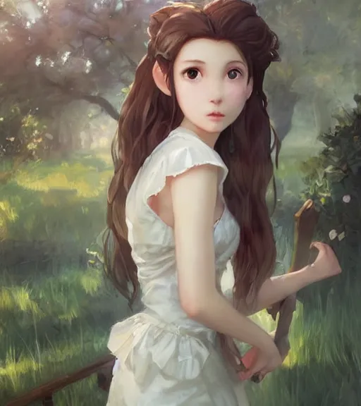 Image similar to aerith gainsborough in a cottagecore dress, portrait, illustration, rim light, top light, perfectly shaded, spring time, slight overcast lighting, soft painting, art by krenz cushart and wenjun lin