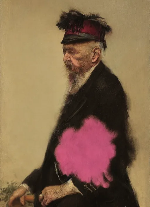 Image similar to a portrait of old man with a pink mohawk by edouard bisson, punk rock, oil painting, muted colours, soft lighting