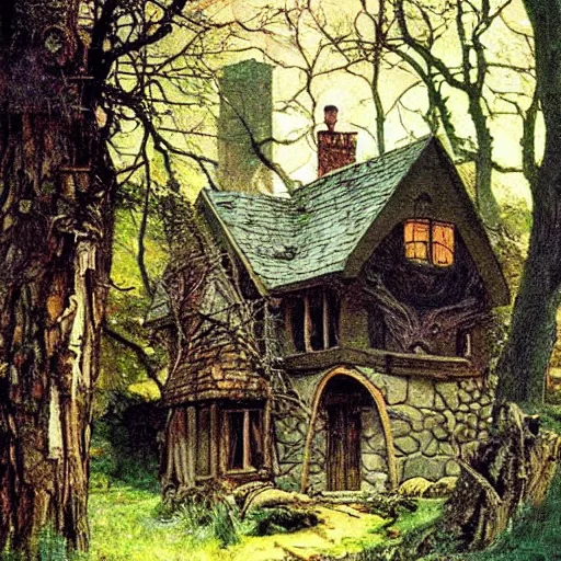 Image similar to witch cottage in the forest, art by norman rockwell