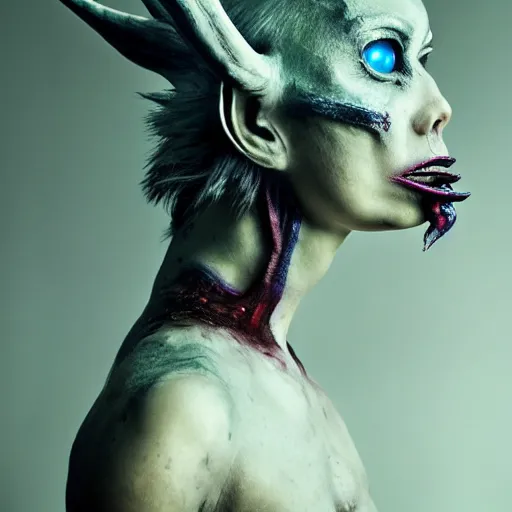 Image similar to a demon inspired by space created by the make up artist hungry, photographed by andrew thomas huang, cinematic, expensive visual effects