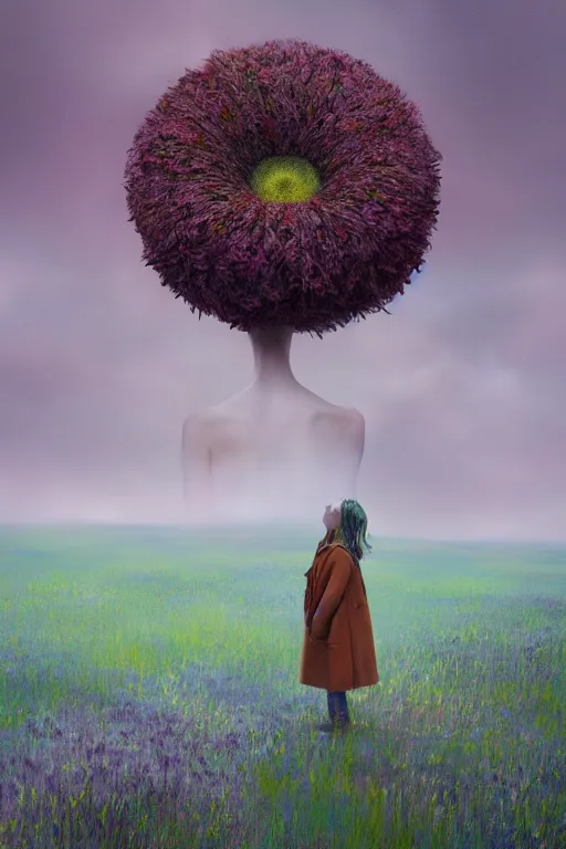 Image similar to portrait, enormous daisy flower head, a girl wearing coat in heather field, surreal photography, wind and cold, dramatic sky, impressionist painting, digital painting, artstation, simon stalenhag