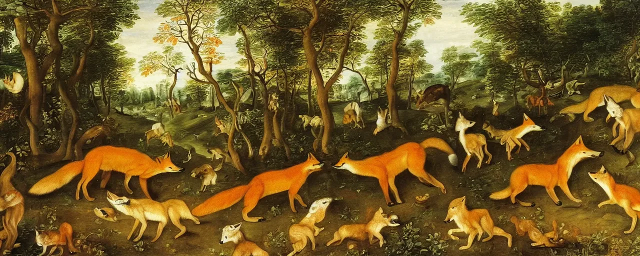 Prompt: A group of foxes and wolves running through the forest, masterwork painting by Jan Brueghel the Elder