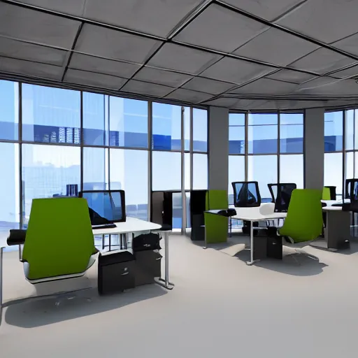 Image similar to futuristic office space, fin - tech company in the future, high detail, 3 d - render,