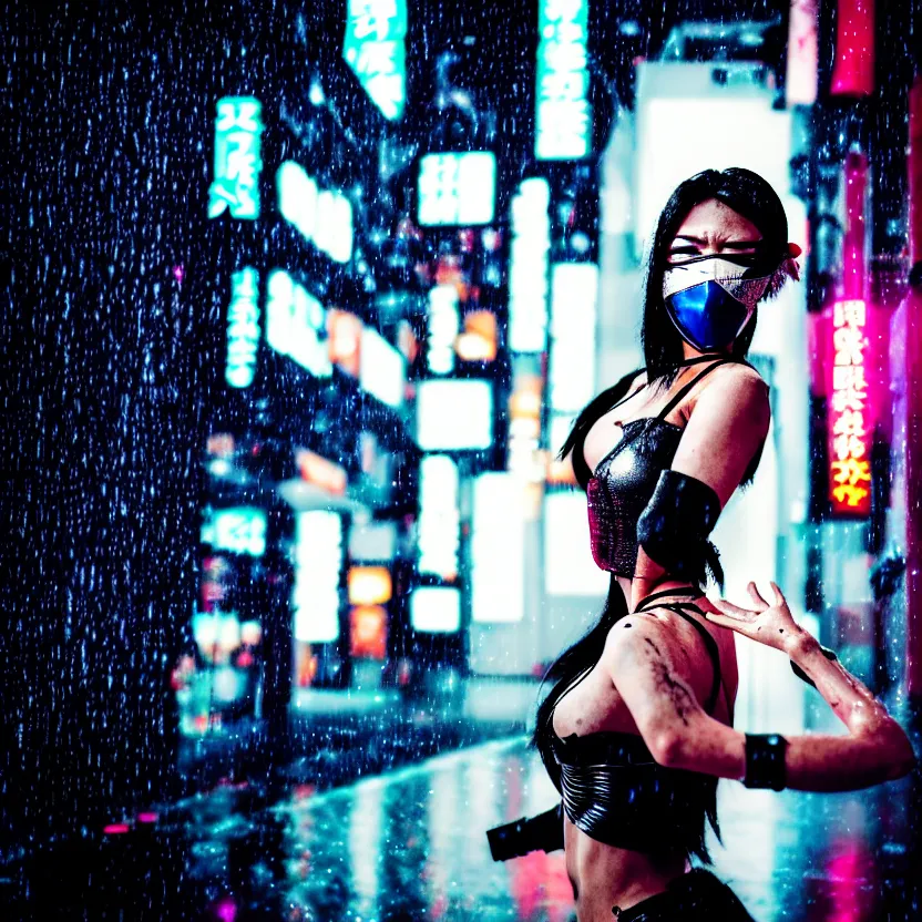 Image similar to a photo close up cyberpunk kubuki masked woman dancing in the rain, cyberpunk hiroshima, prefecture streets, midnight, photorealistic, cinematic lighting, highly detailed, bokeh, style by tomino - sama