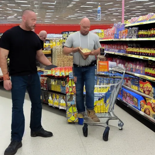 Image similar to kratos from god of war shopping at a walmart with walter white