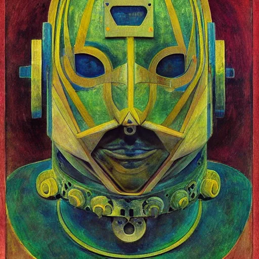 Image similar to the robot in her mechanical mask,by Annie Swynnerton and Diego Rivera, symbolist, dramatic lighting, elaborate geometric ornament, Art Brut, bioluminescent, soft blues and greens,smooth, sharp focus, extremely detailed, Adolf Wölfli